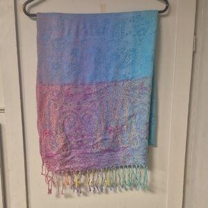pashmina Blue to Pink Ombre Paisley Shawl with Metallic Thread